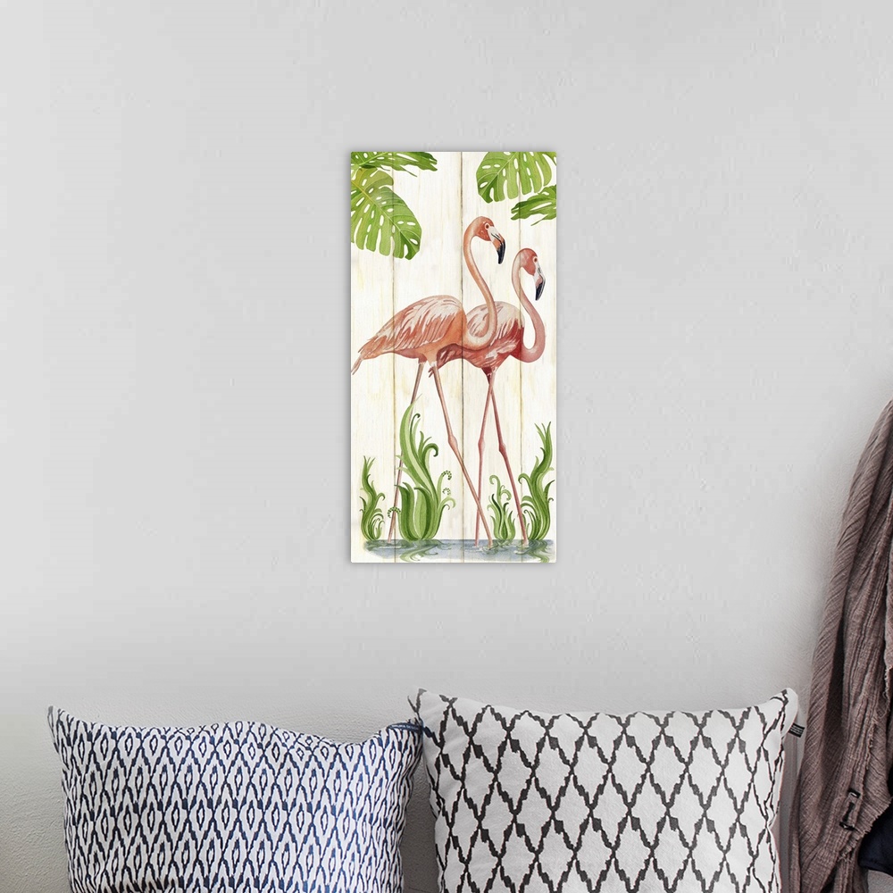 A bohemian room featuring Contemporary watercolor coastal artwork of two flamingos standing side by side.