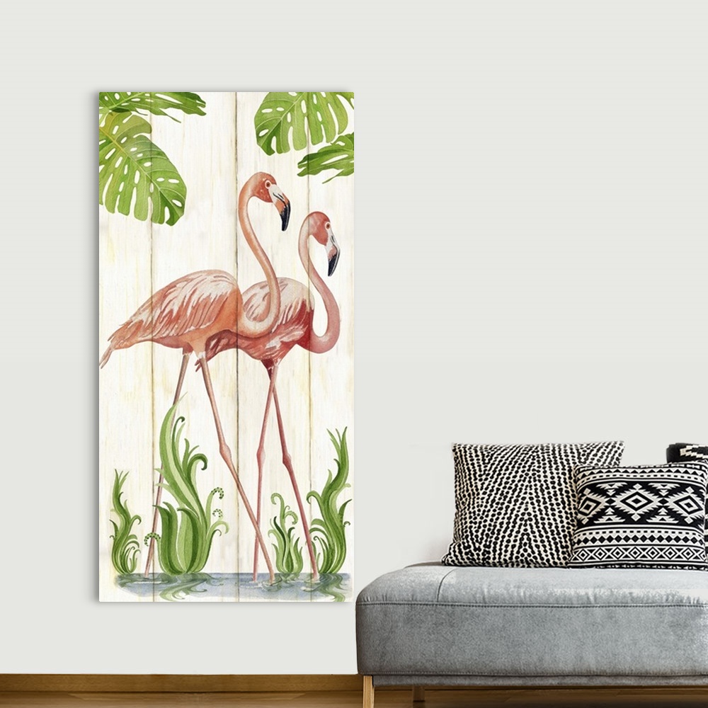 A bohemian room featuring Contemporary watercolor coastal artwork of two flamingos standing side by side.
