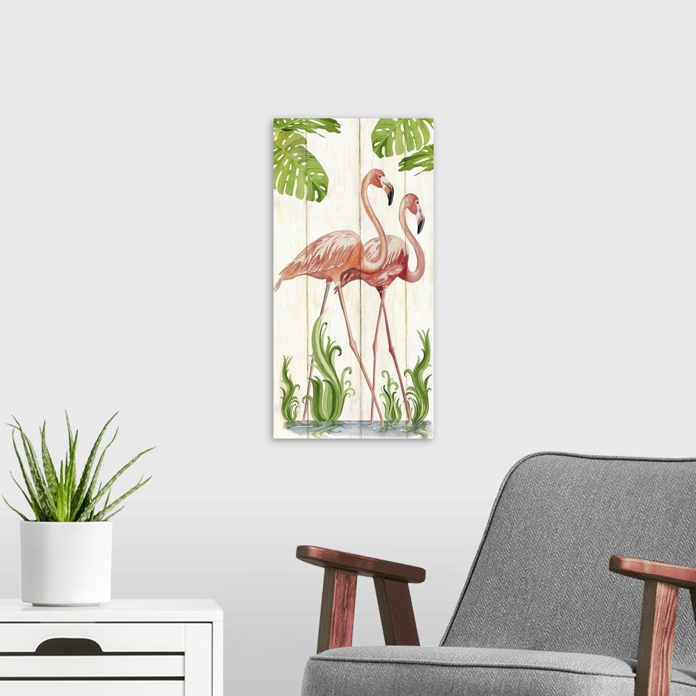 A modern room featuring Contemporary watercolor coastal artwork of two flamingos standing side by side.