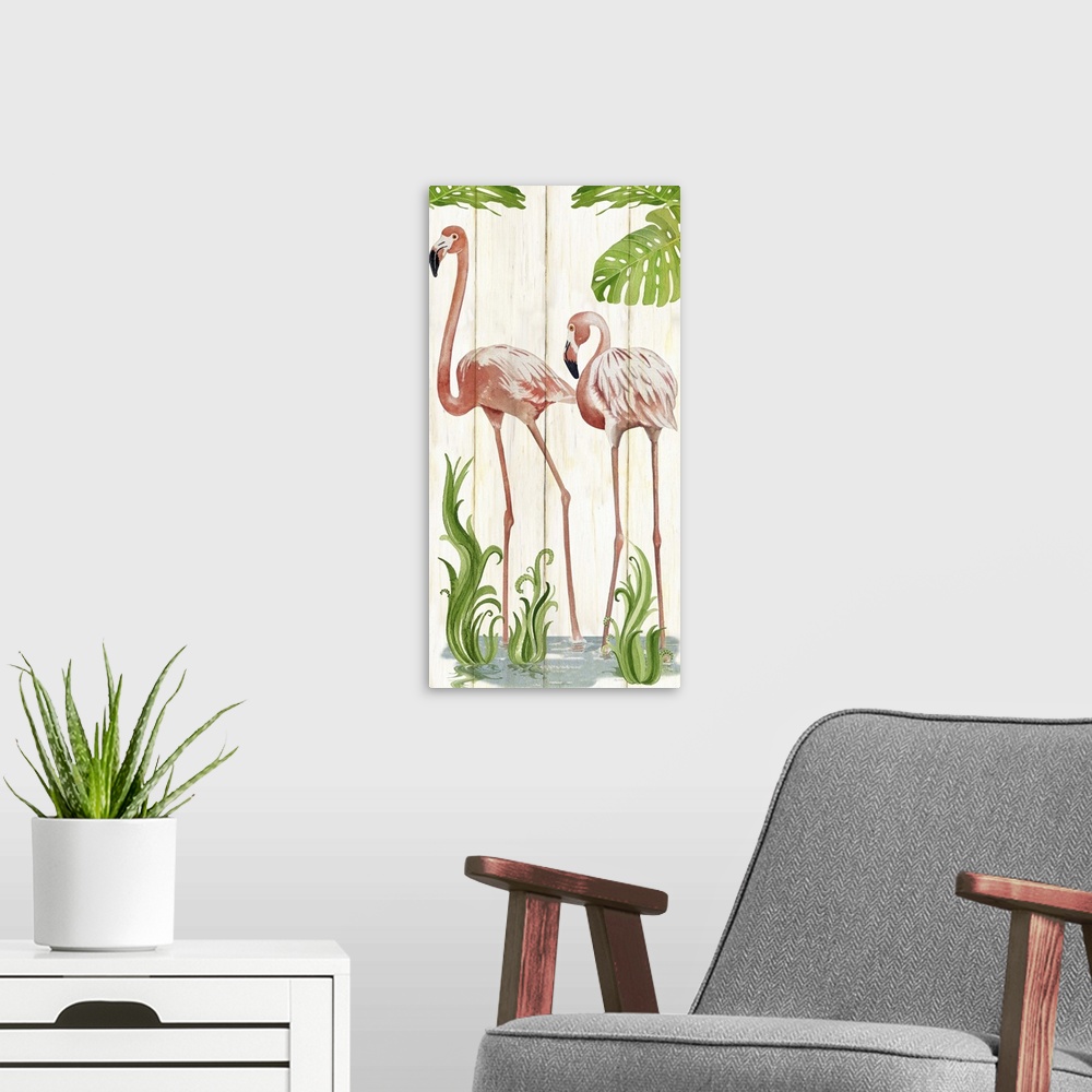 A modern room featuring Contemporary watercolor coastal artwork of two flamingos standing side by side.