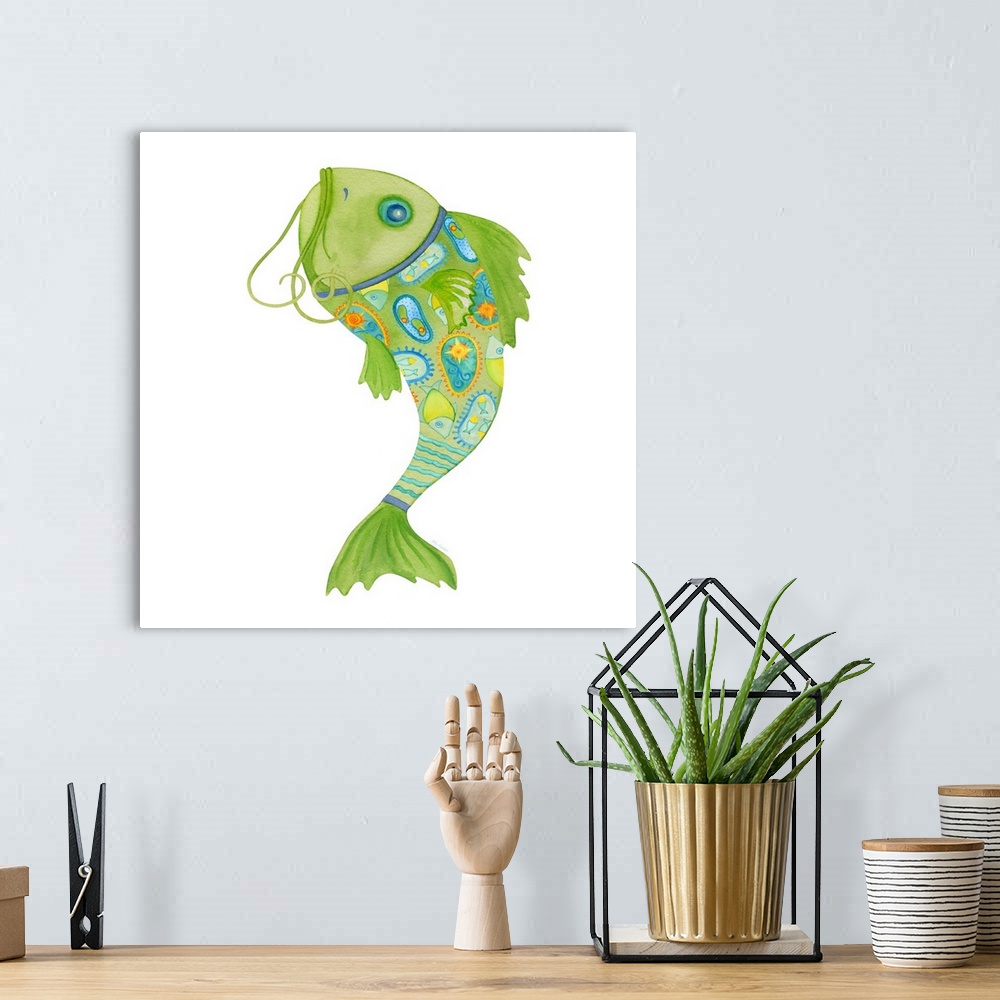 A bohemian room featuring Watercolor painting of a blue and green colored fish with Summer themed illustrations all over.