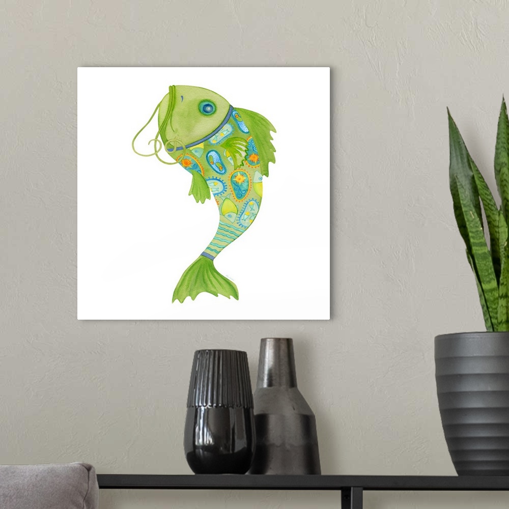 A modern room featuring Watercolor painting of a blue and green colored fish with Summer themed illustrations all over.