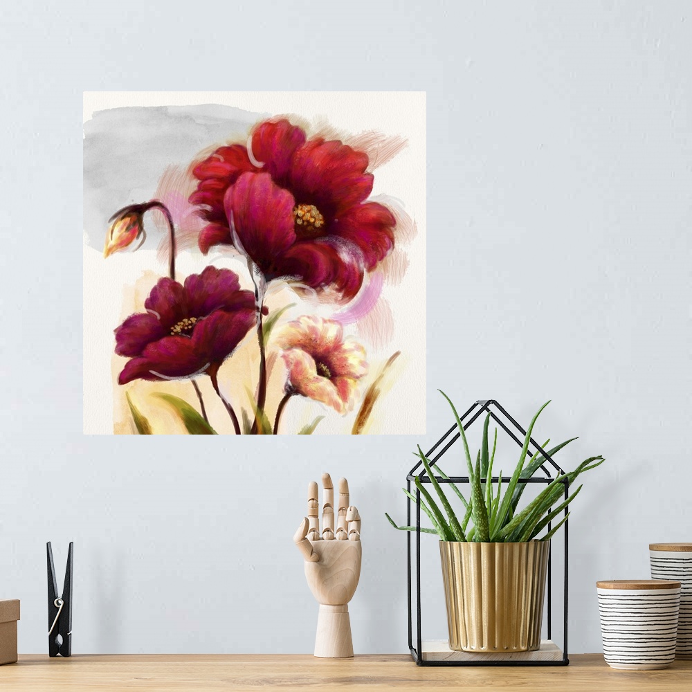 A bohemian room featuring Contemporary home decor art of red flowers against a soft background.