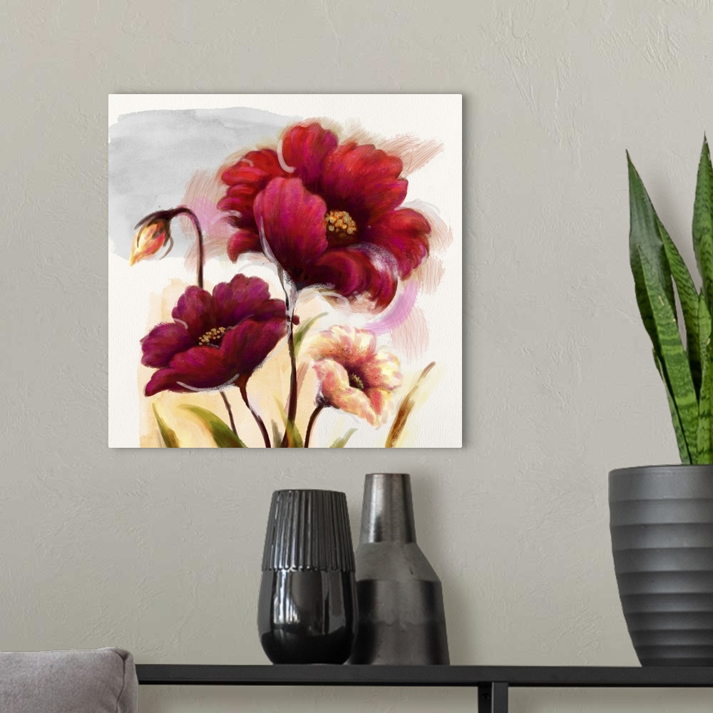 A modern room featuring Contemporary home decor art of red flowers against a soft background.