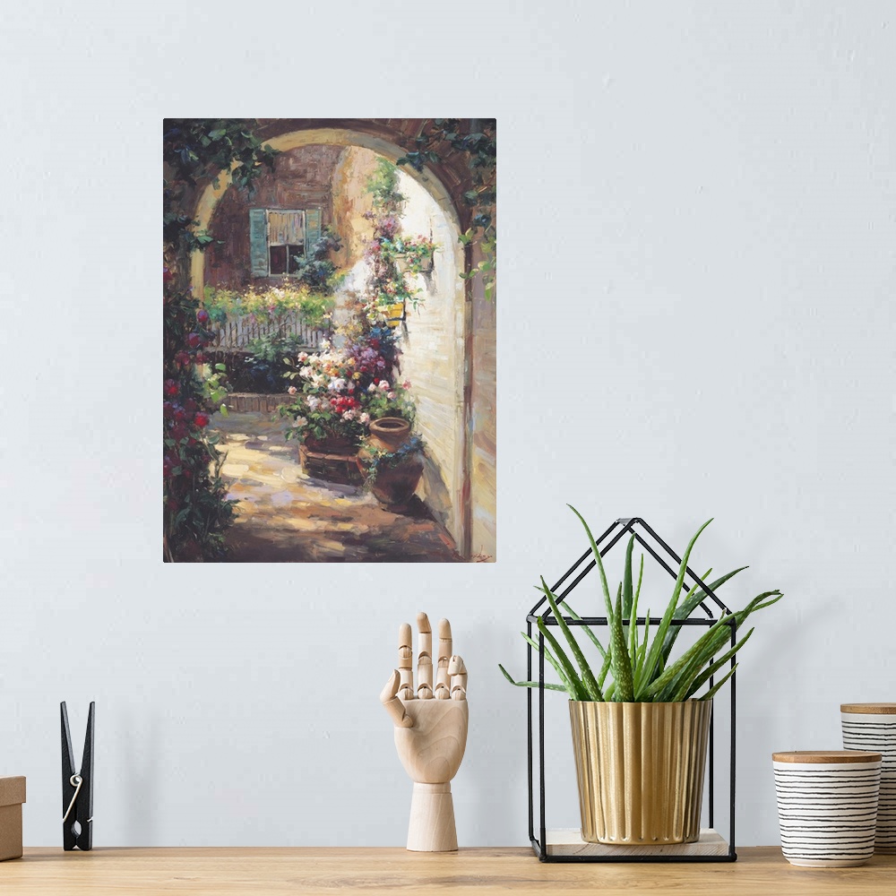 A bohemian room featuring Painting of an archway with potted flowers.