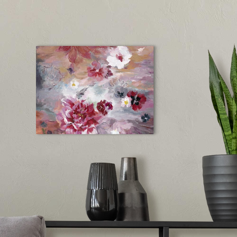 A modern room featuring Contemporary artwork of vibrant red and soft pink flowers against a red and pale blue background.