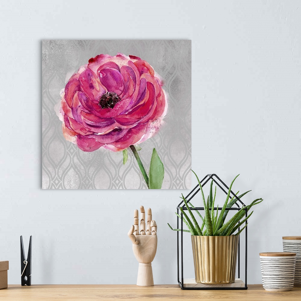 A bohemian room featuring Painting of a pink, red, and purple flower on a gray and silver patterned background.