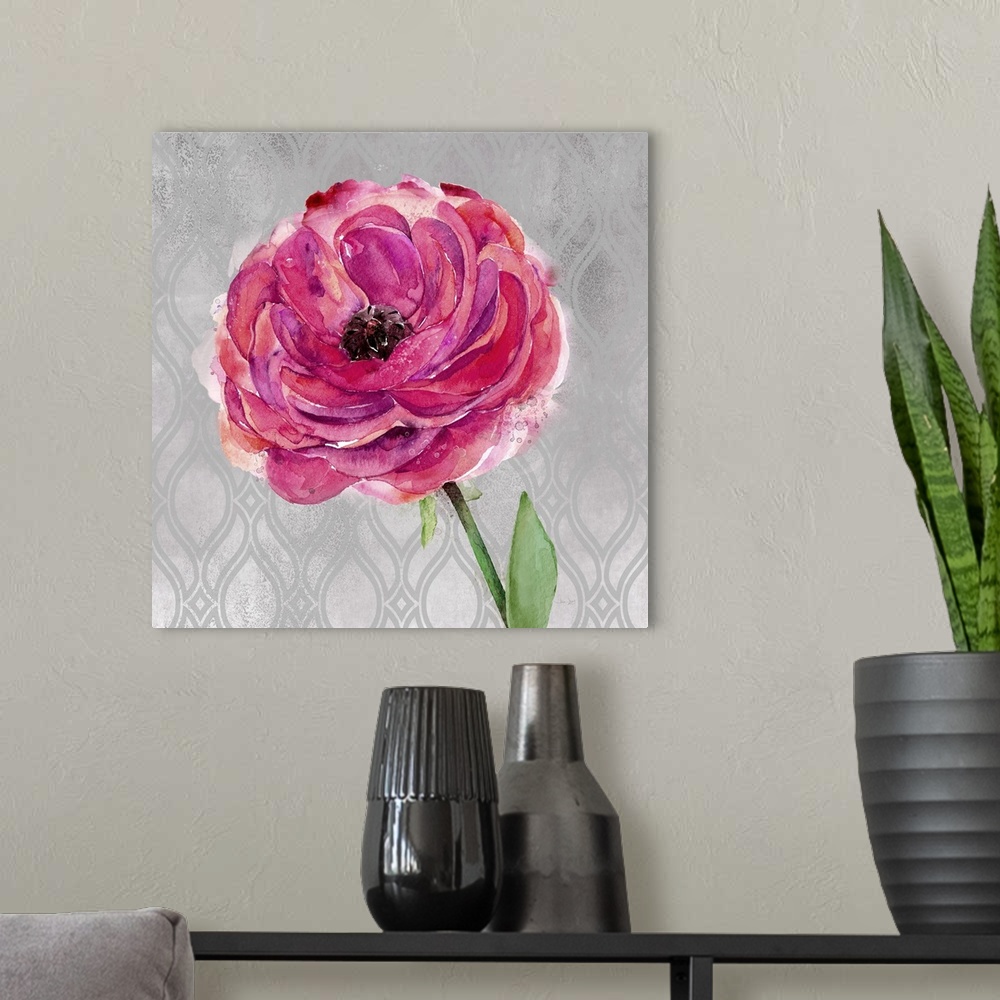 A modern room featuring Painting of a pink, red, and purple flower on a gray and silver patterned background.