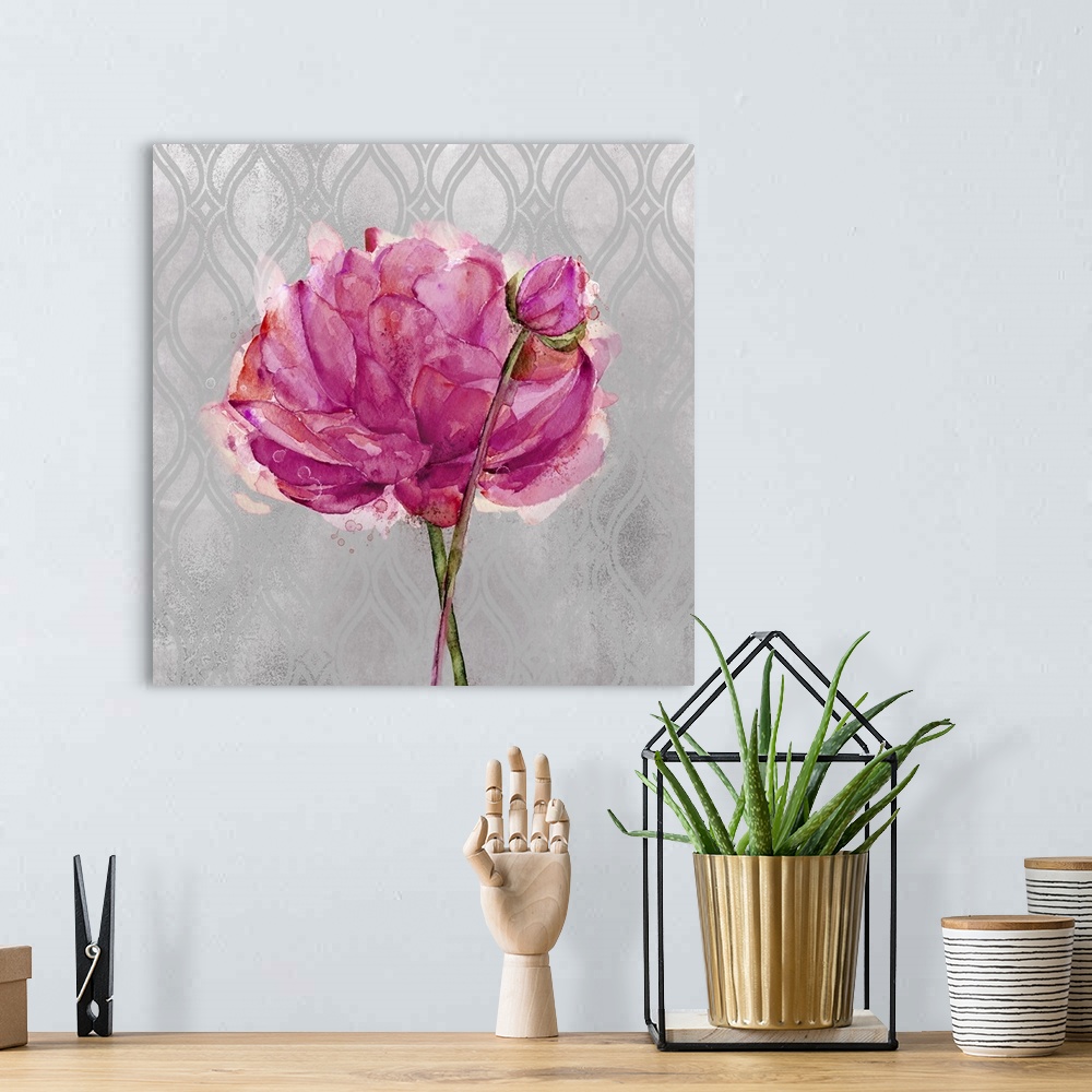 A bohemian room featuring Painting of a pink, purple, and red flower on a gray and silver patterned background.
