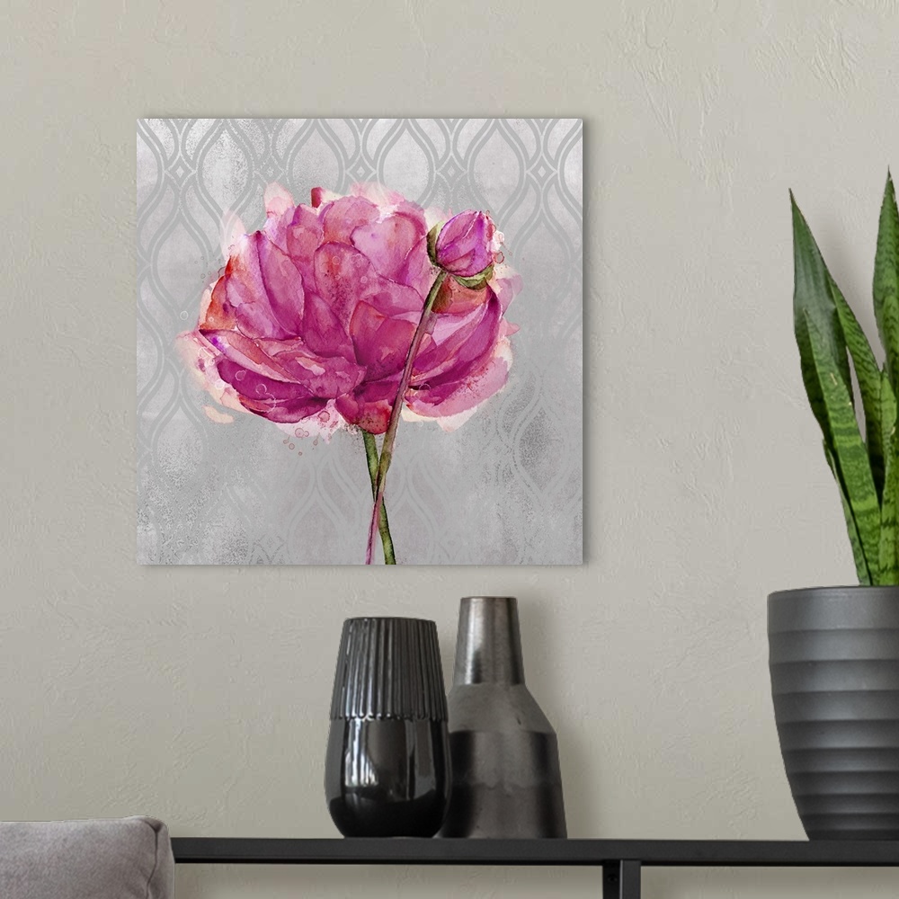 A modern room featuring Painting of a pink, purple, and red flower on a gray and silver patterned background.
