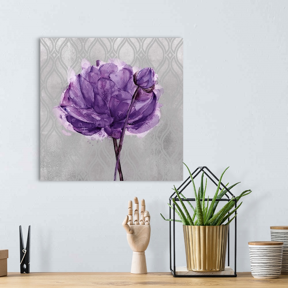 A bohemian room featuring Painting of a purple flower on a gray and silver patterned background.