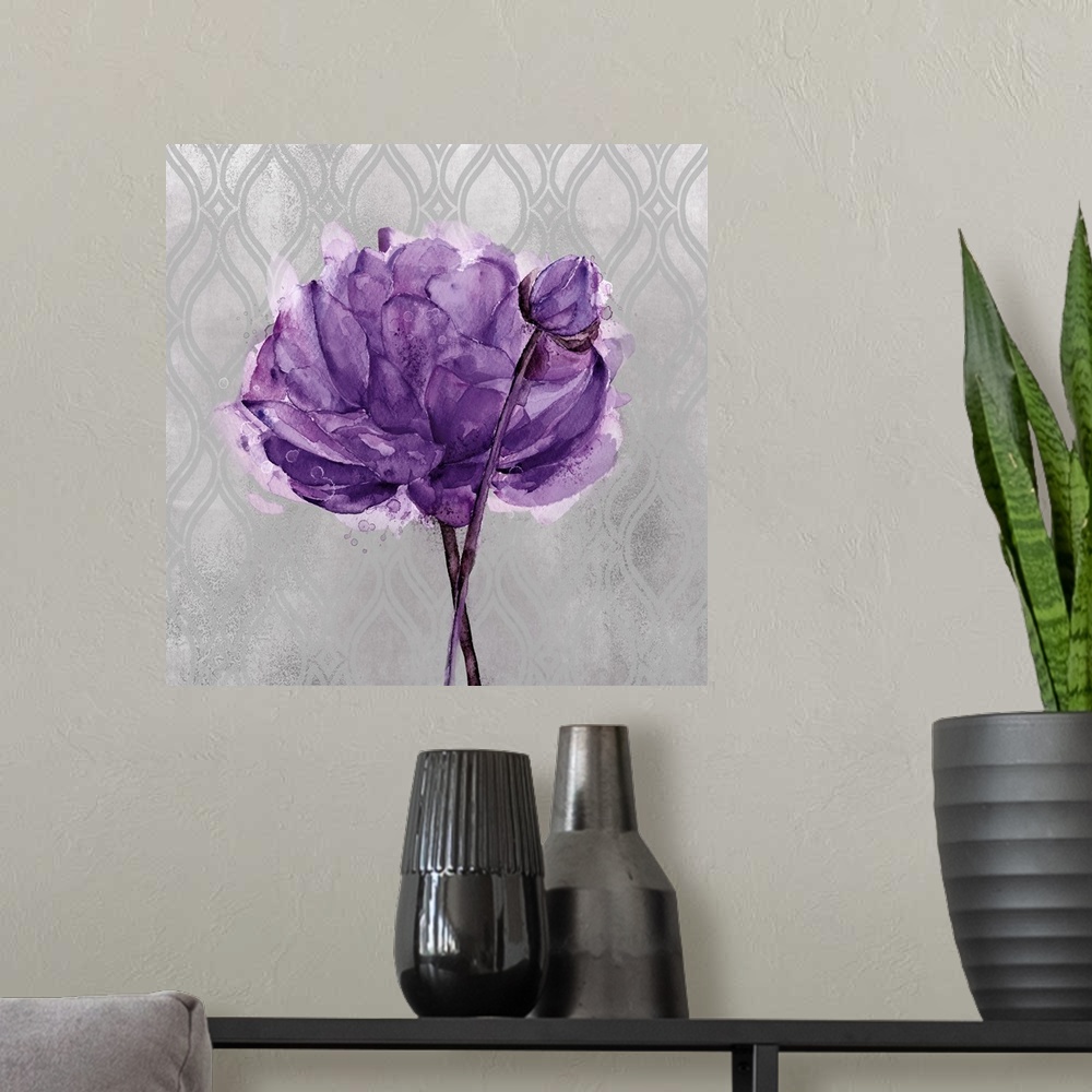 A modern room featuring Painting of a purple flower on a gray and silver patterned background.