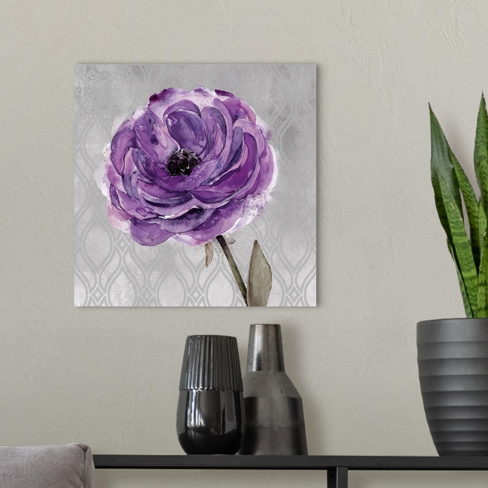 A modern room featuring Painting of a purple flower on a gray and silver patterned background.
