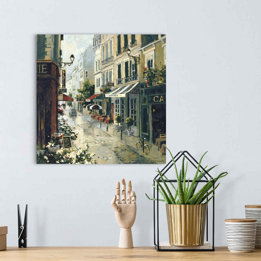 A bohemian room featuring Contemporary painting of a city street wet from reflecting surroundings.