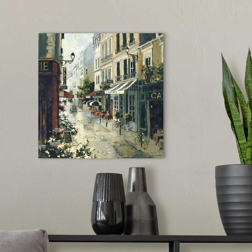 A modern room featuring Contemporary painting of a city street wet from reflecting surroundings.