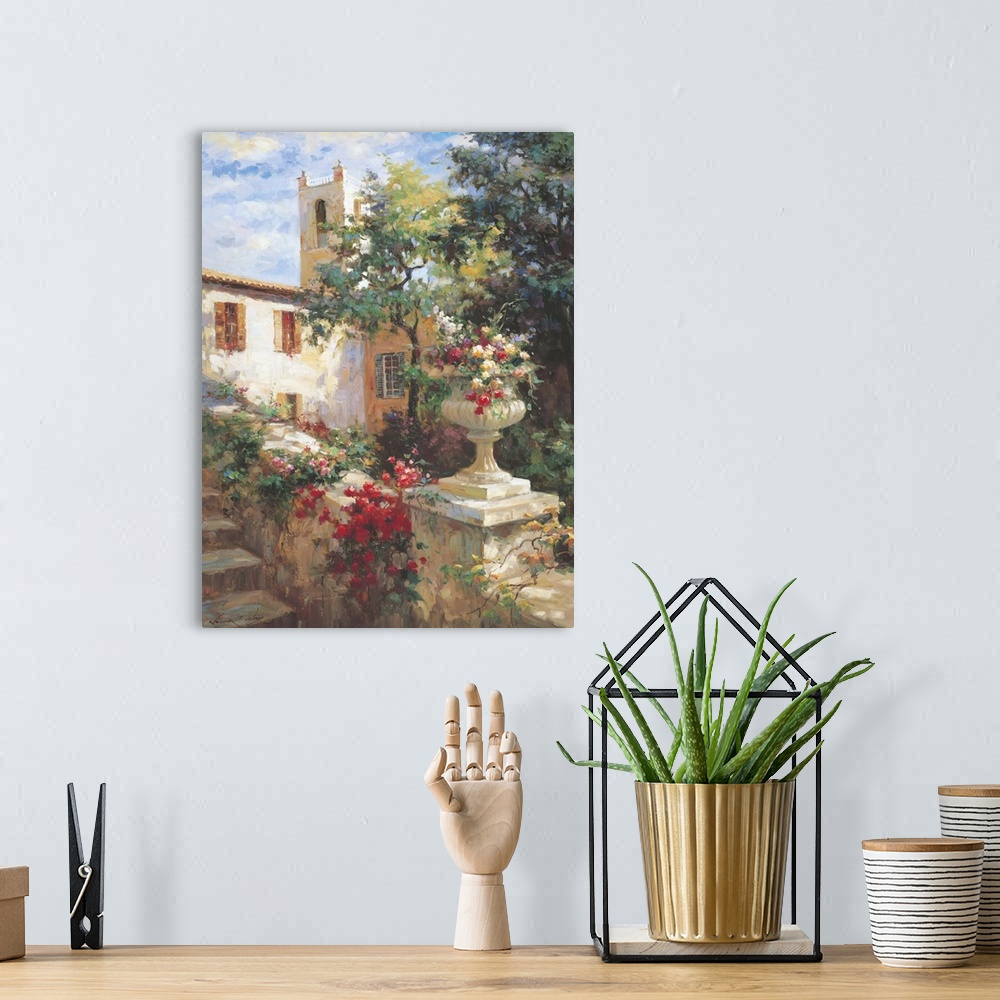 A bohemian room featuring Painting of an urn full of flowers in a garden.