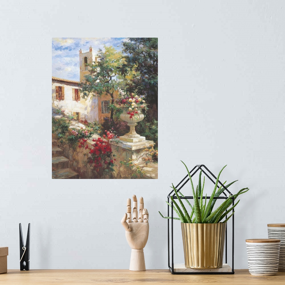 A bohemian room featuring Painting of an urn full of flowers in a garden.