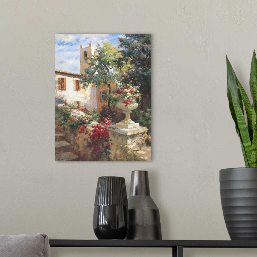 A modern room featuring Painting of an urn full of flowers in a garden.