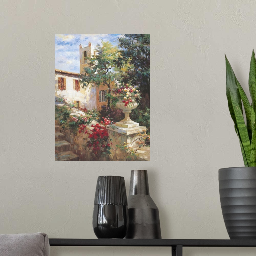 A modern room featuring Painting of an urn full of flowers in a garden.