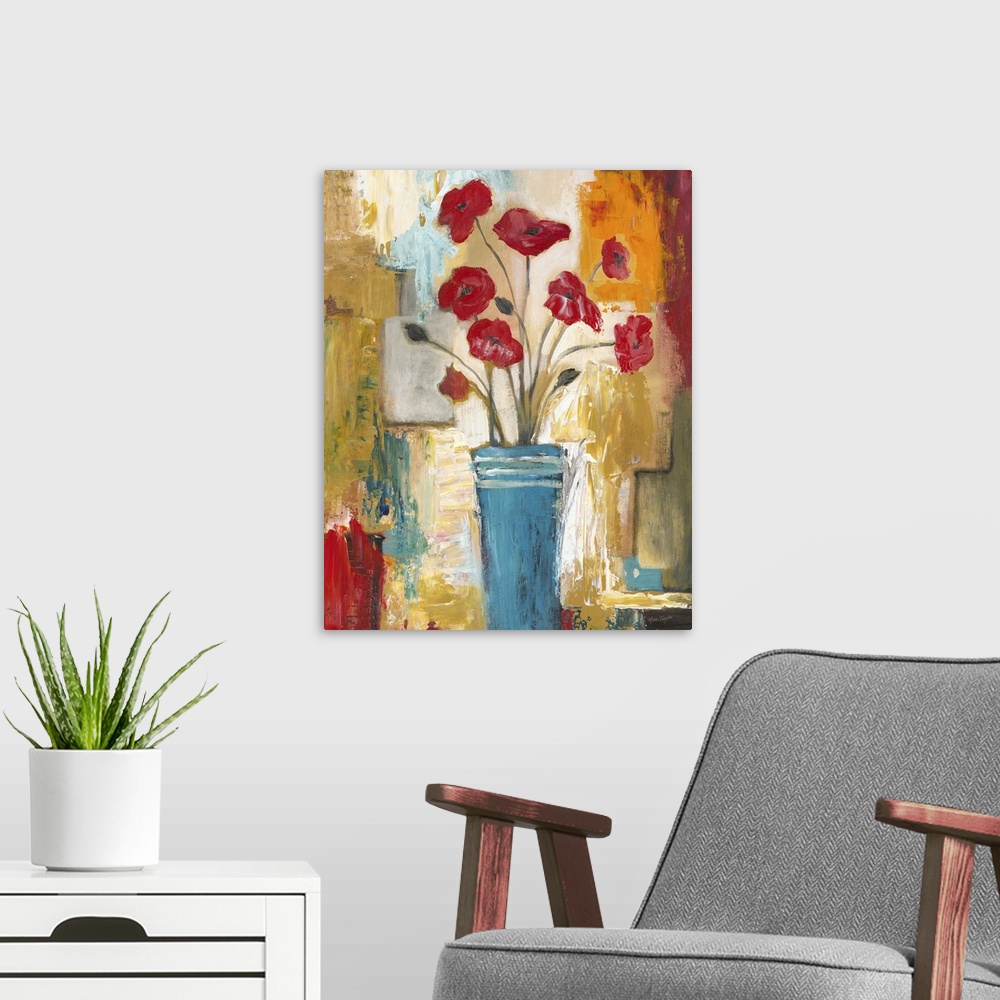A modern room featuring Contemporary still life painting of a blue vase filled with red poppies.
