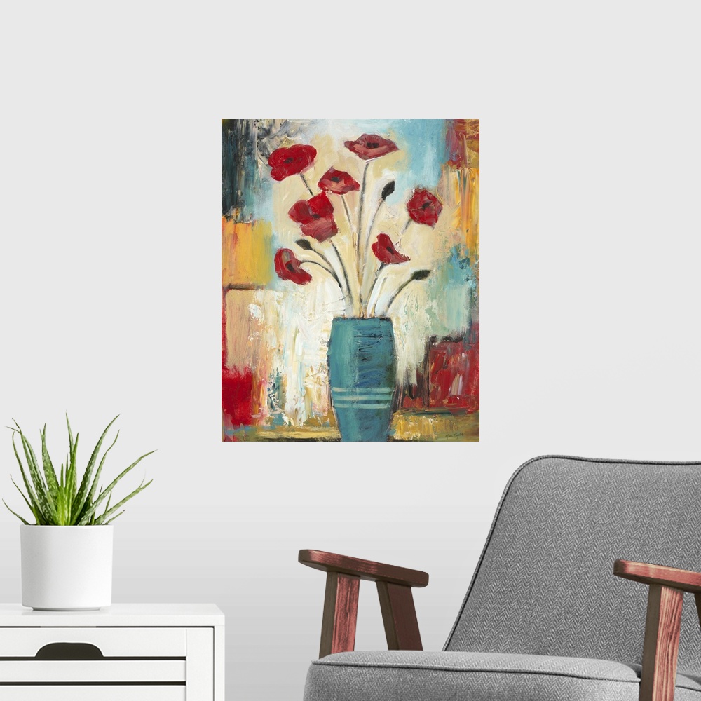 A modern room featuring Contemporary still life painting of a blue vase filled with red poppies.