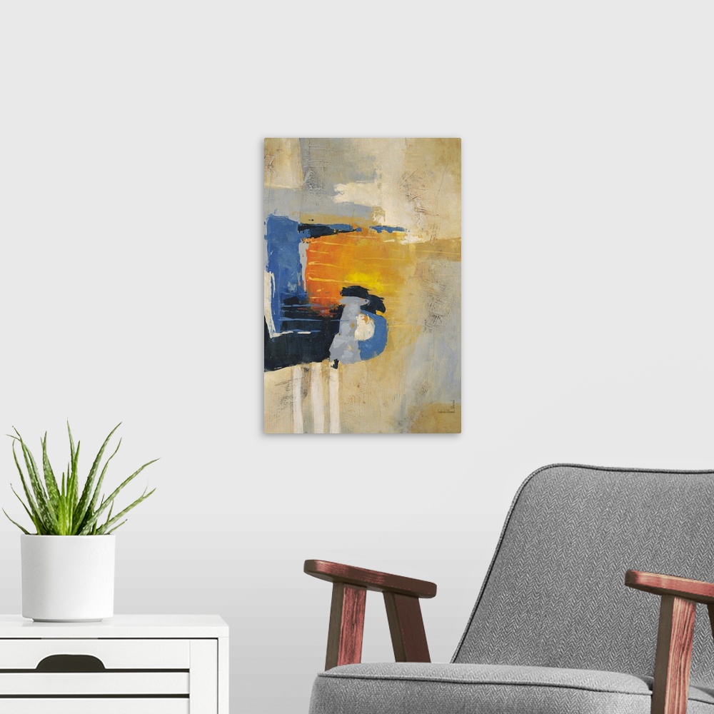 A modern room featuring Contemporary abstract artwork using warm and cool tones in a geometric rhythm.