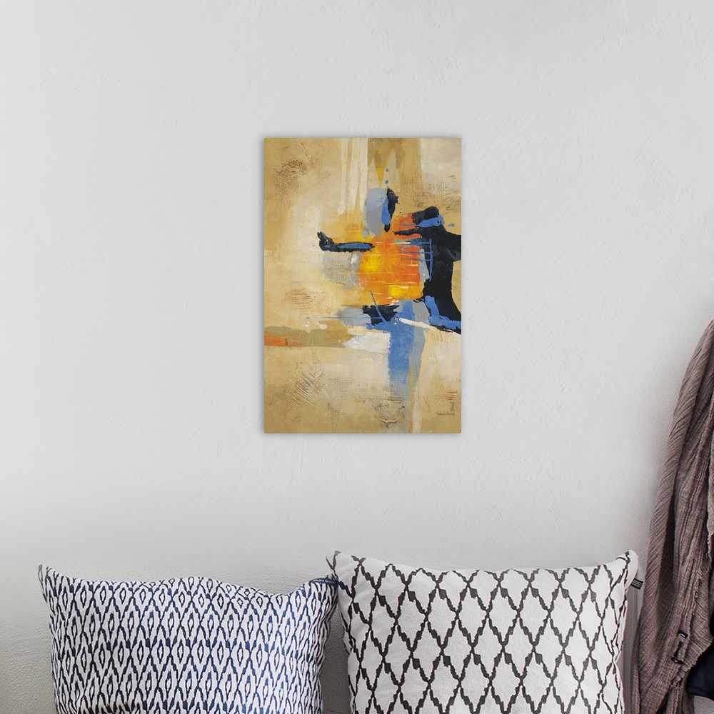 A bohemian room featuring Contemporary abstract artwork using warm and cool tones in a geometric rhythm.