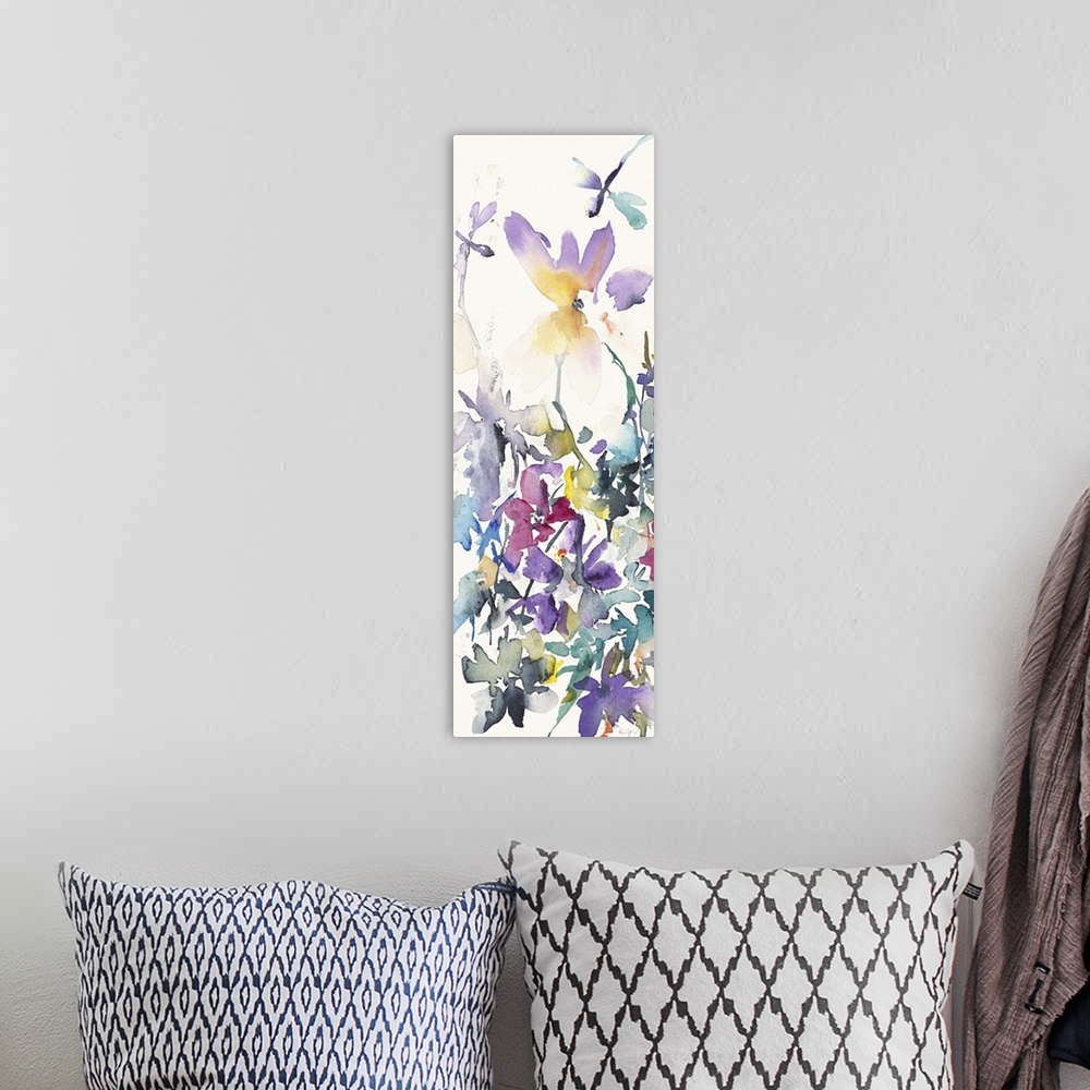 A bohemian room featuring Vertical watercolor painting of a variety of flowers with dragonflies.