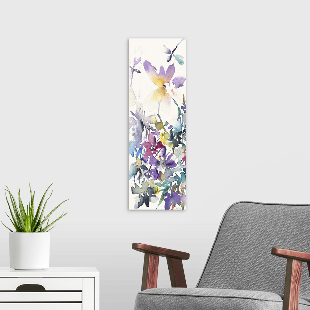 A modern room featuring Vertical watercolor painting of a variety of flowers with dragonflies.