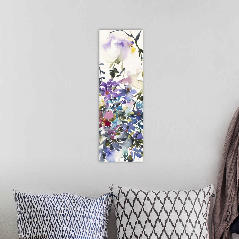 A bohemian room featuring Vertical watercolor painting of a variety of flowers in a garden.