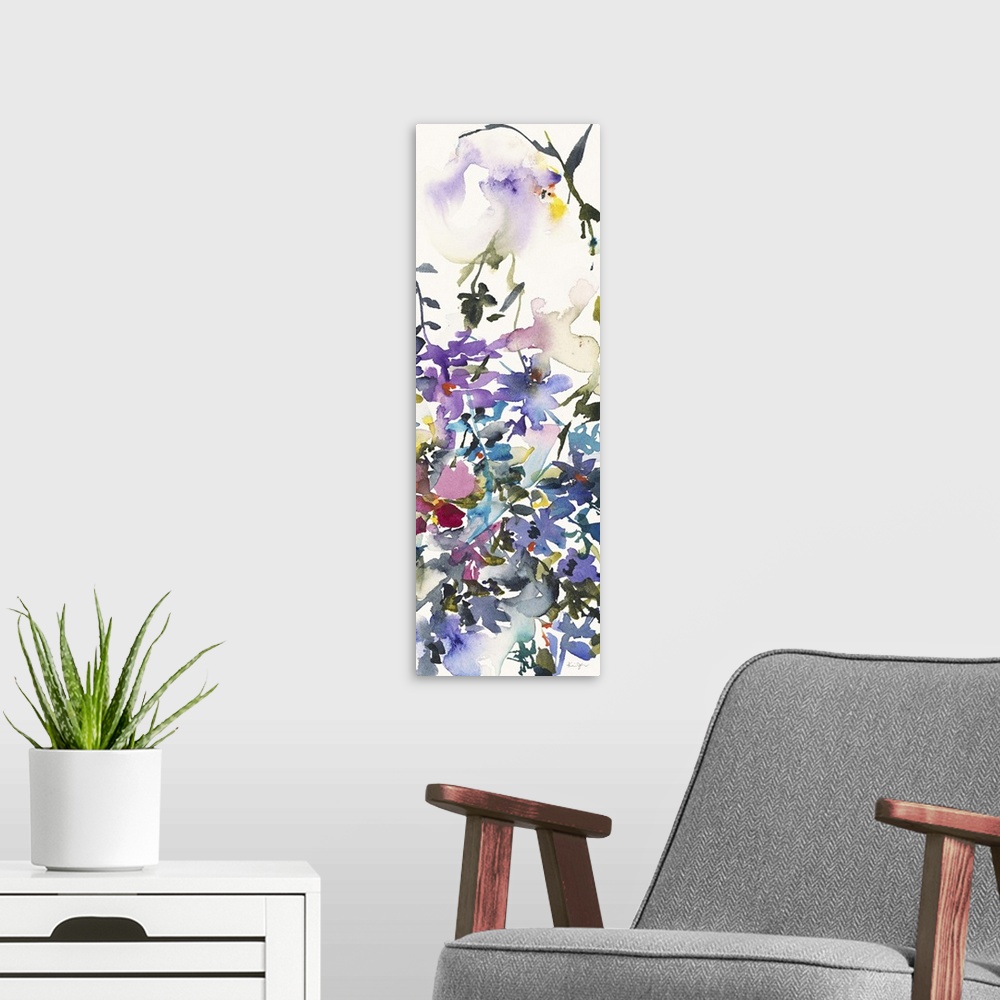 A modern room featuring Vertical watercolor painting of a variety of flowers in a garden.