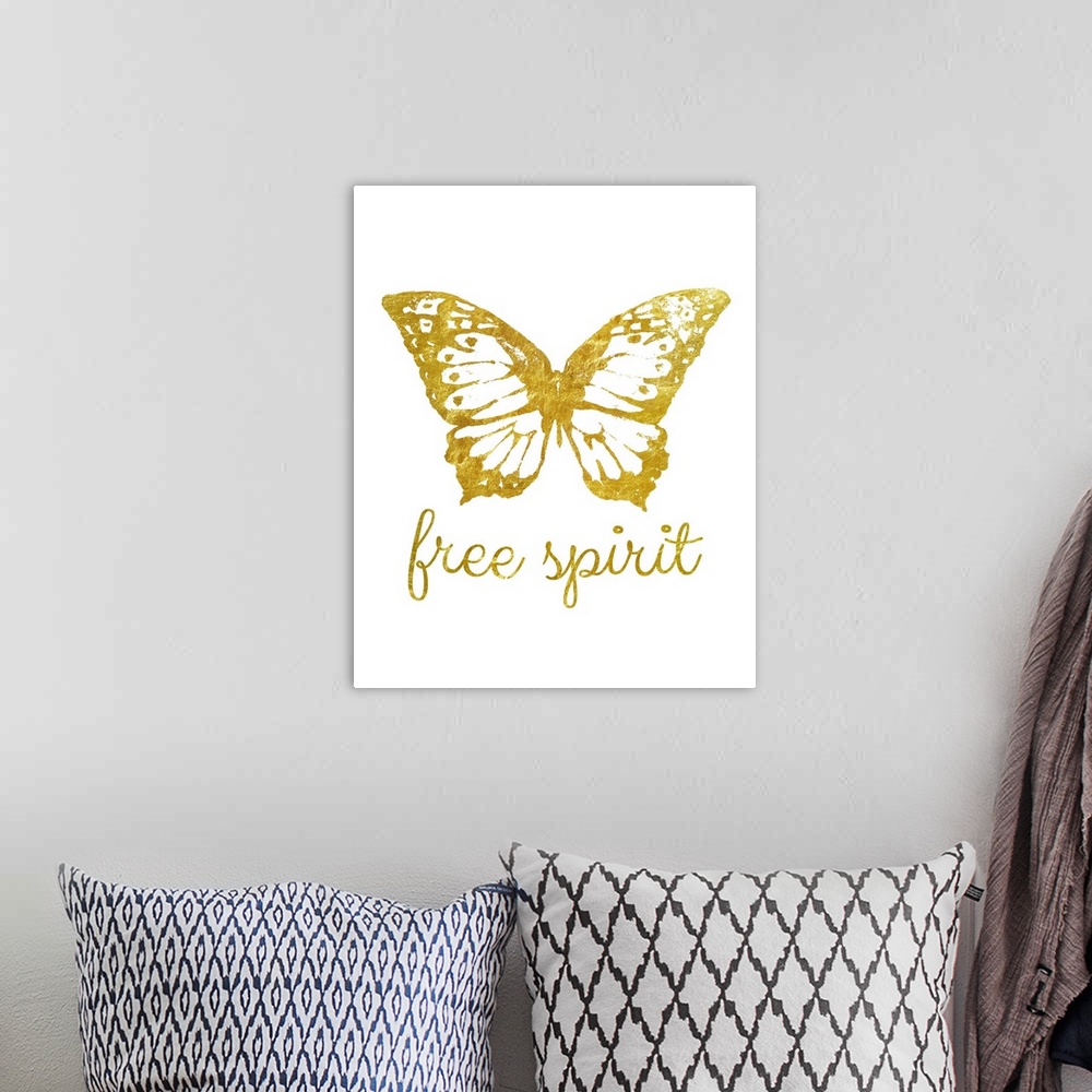 A bohemian room featuring Golden butterfly with gold lettering against a white background.