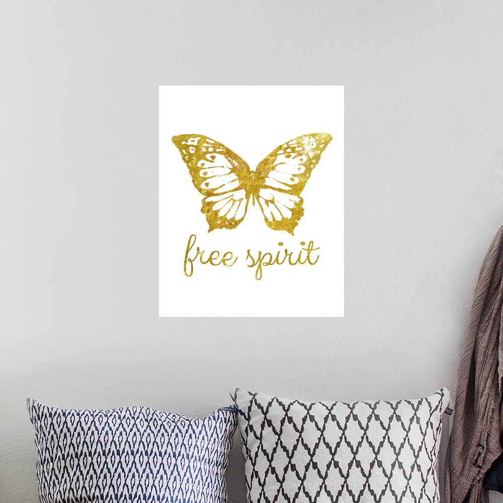 A bohemian room featuring Golden butterfly with gold lettering against a white background.