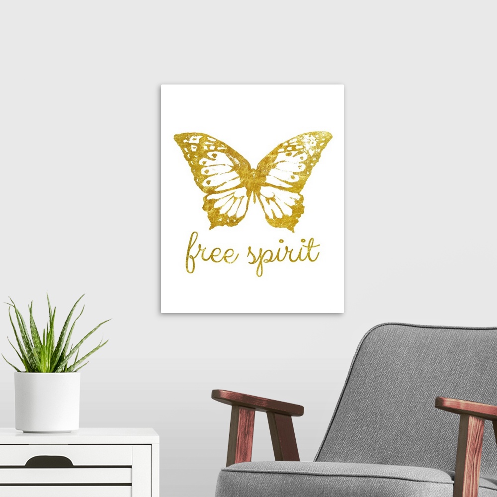 A modern room featuring Golden butterfly with gold lettering against a white background.