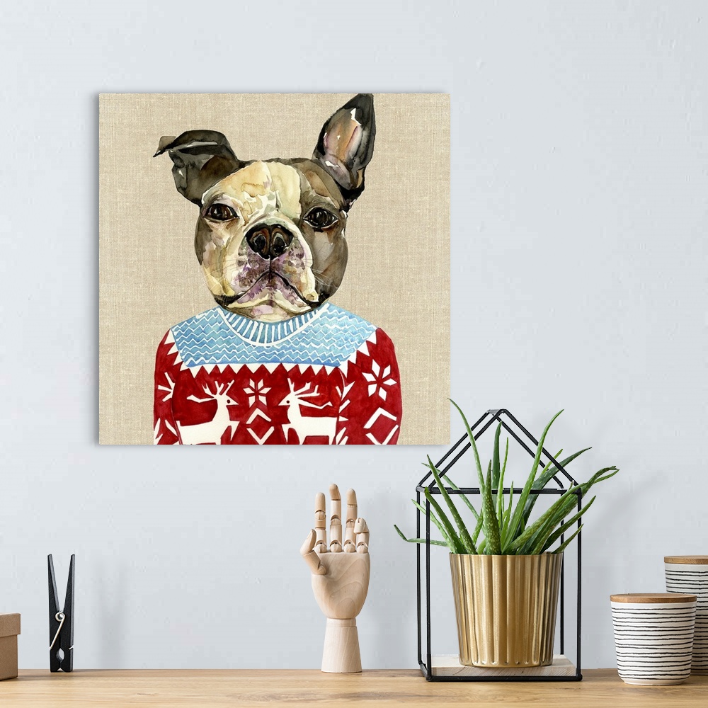 A bohemian room featuring Contemporary artwork of a French Bulldog wearing a holiday sweater.