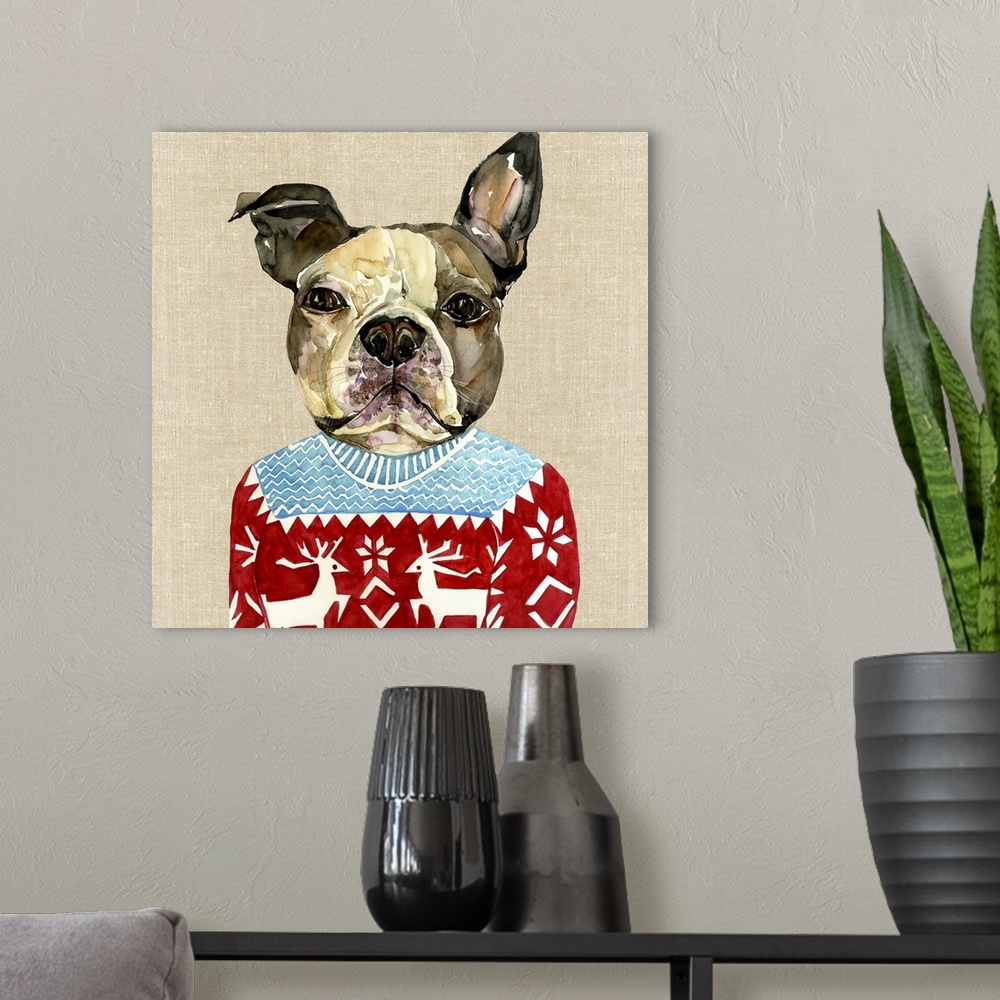 A modern room featuring Contemporary artwork of a French Bulldog wearing a holiday sweater.