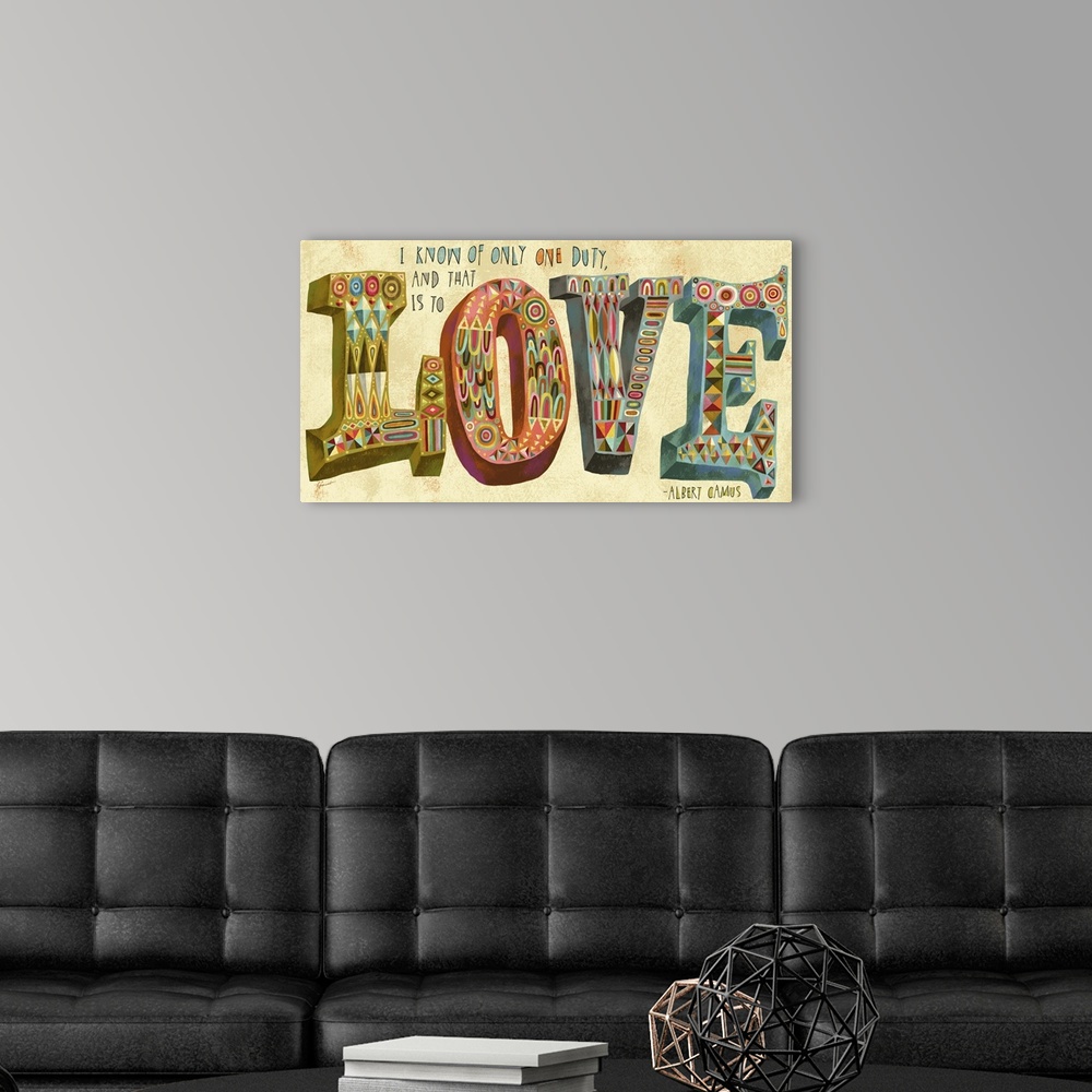 A modern room featuring Contemporary artwork with a retro feel of the word love with decorative and ornate patterns in th...