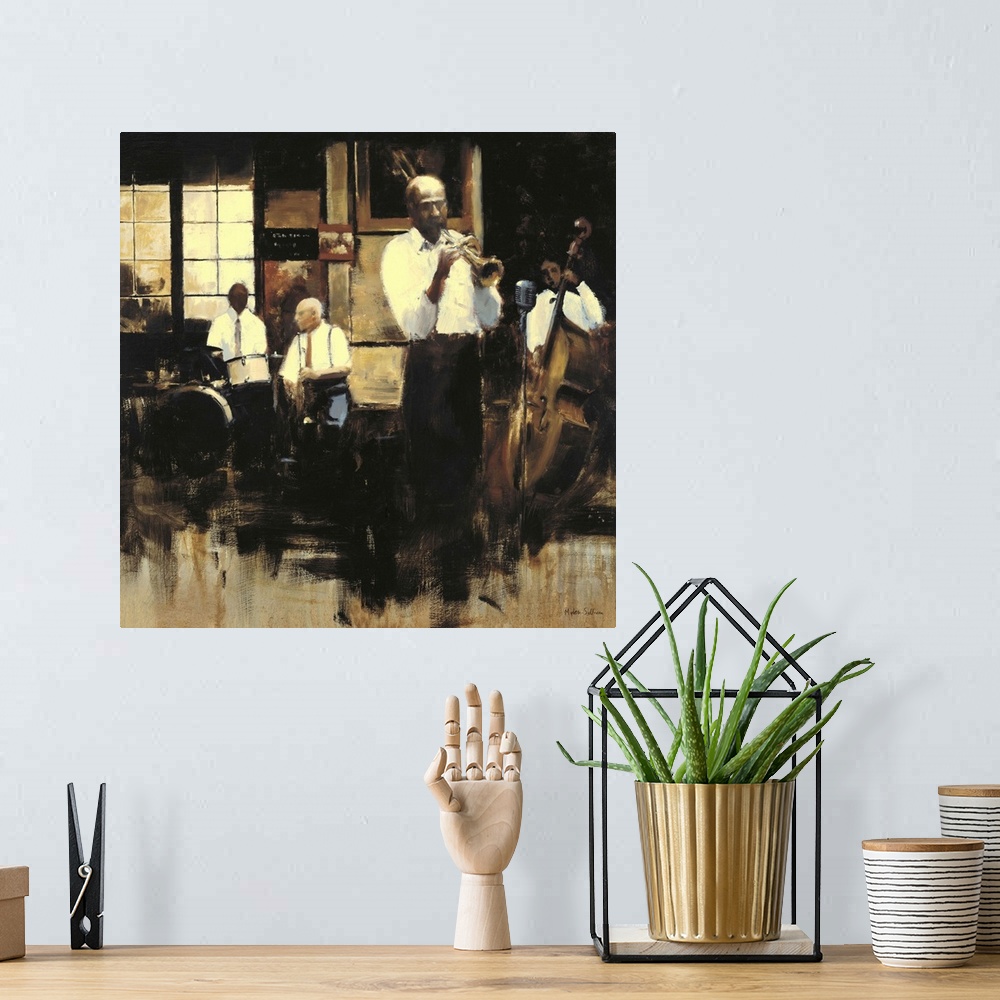 A bohemian room featuring Contemporary painting of a group of jazz musicians, with focus on the trumpet player.