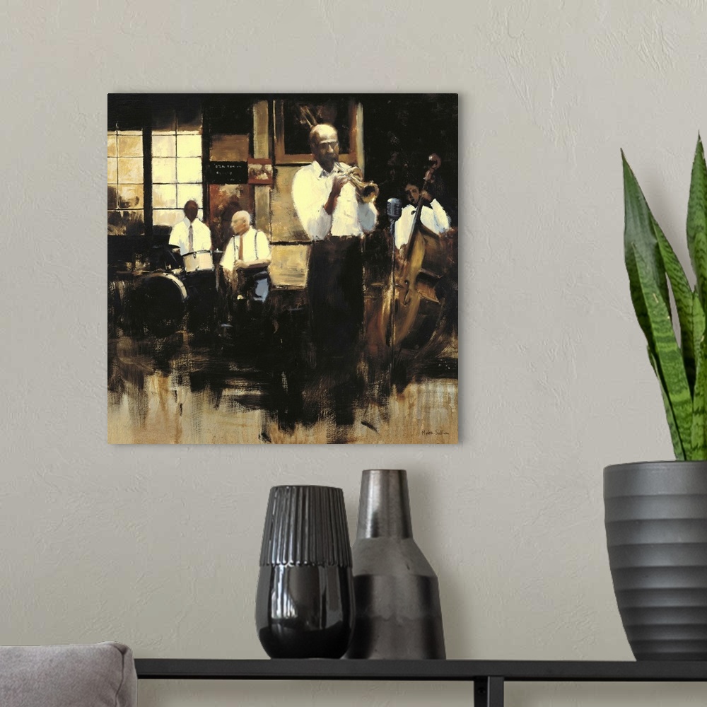 A modern room featuring Contemporary painting of a group of jazz musicians, with focus on the trumpet player.