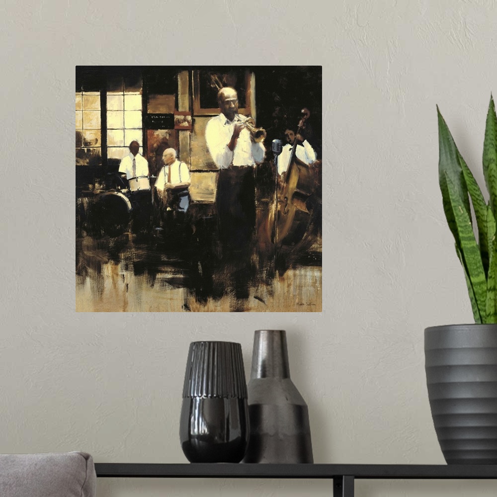 A modern room featuring Contemporary painting of a group of jazz musicians, with focus on the trumpet player.