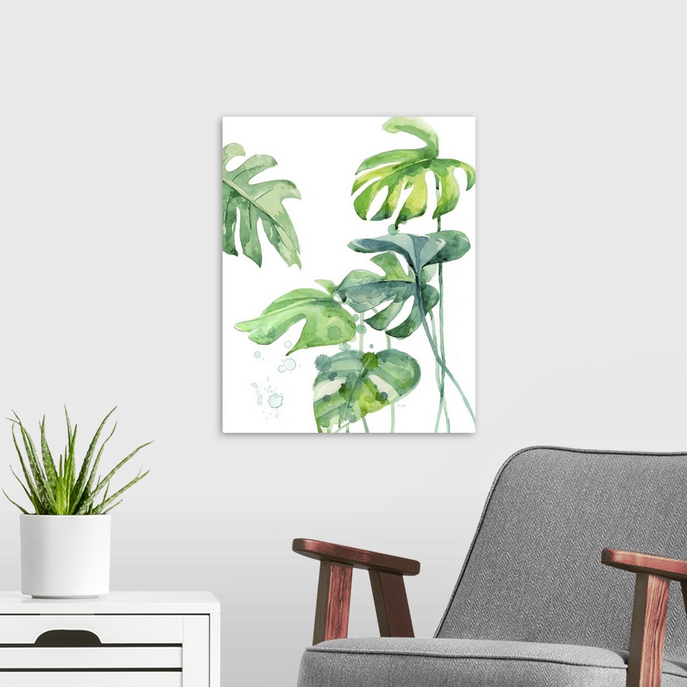 A modern room featuring Painting of tropical palm leaves in shades of green and blue on a white background.