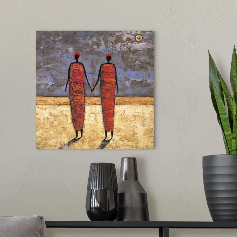 A modern room featuring Contemporary painting of two women standing under the moonlight holding hands.