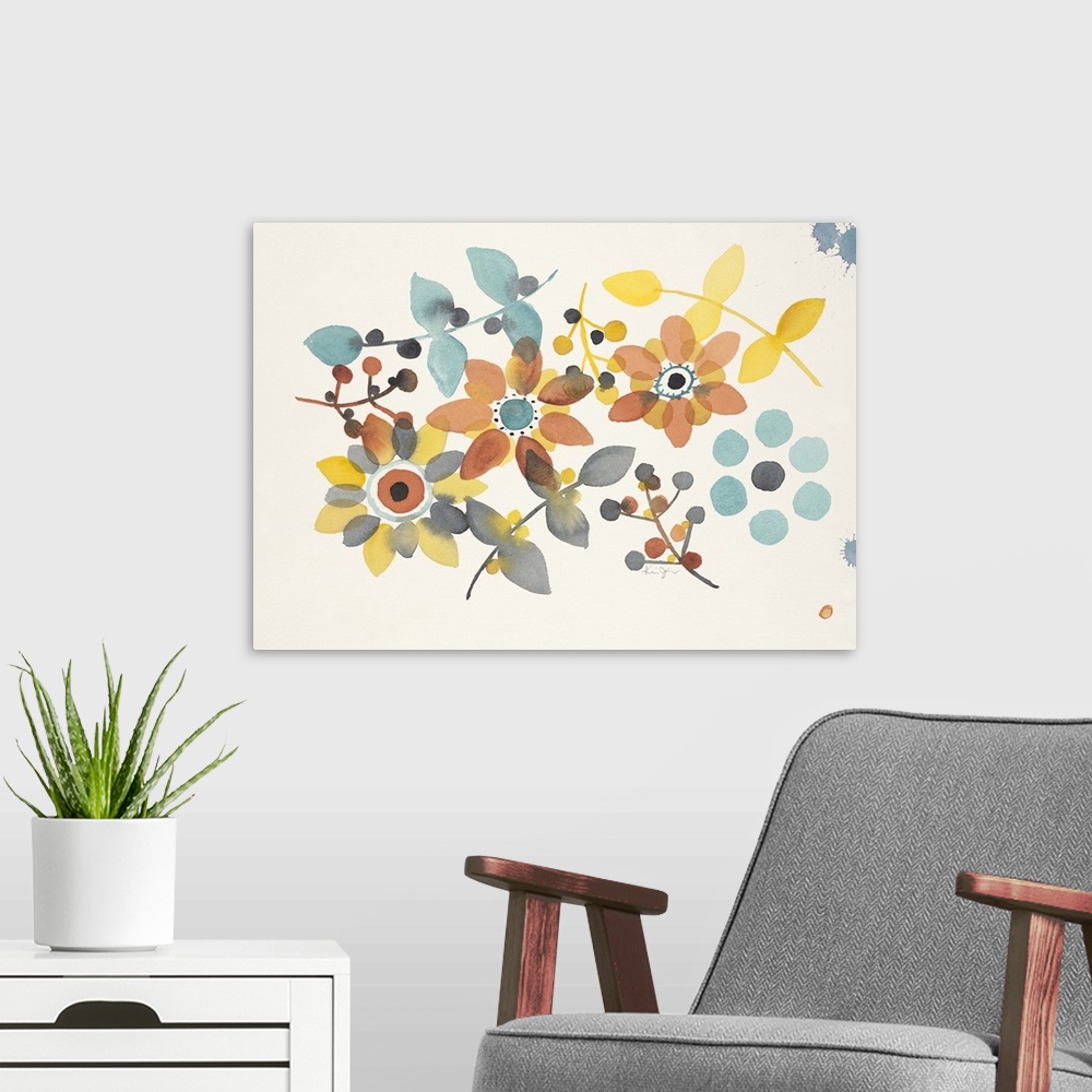 A modern room featuring Contemporary artwork of watercolor flowers with vibrant colors.