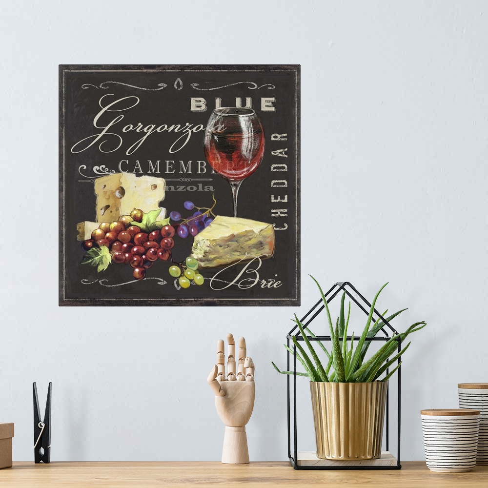 A bohemian room featuring Kitchen decor of a food still-life with fruit cheese and wine.
