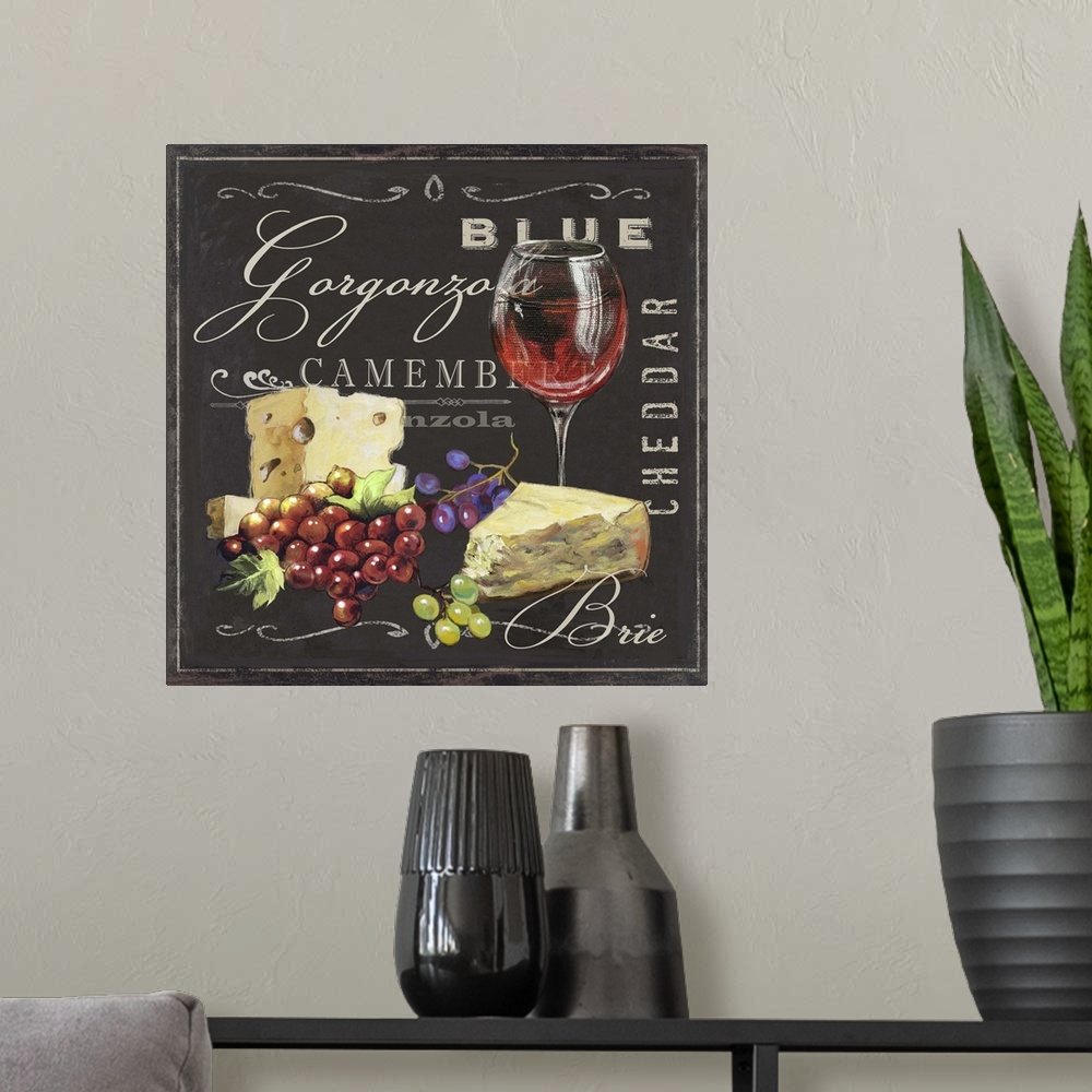 A modern room featuring Kitchen decor of a food still-life with fruit cheese and wine.