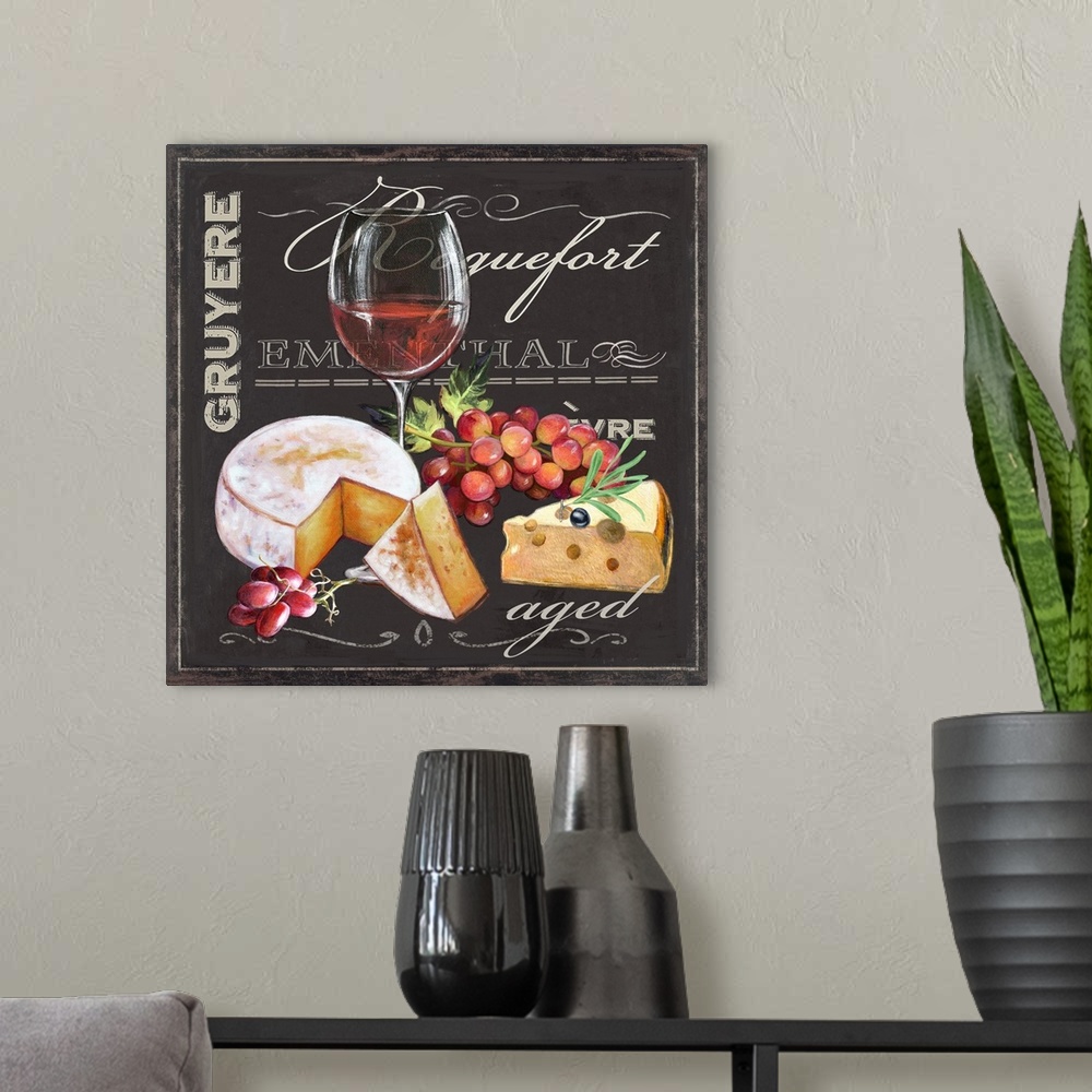 A modern room featuring Kitchen decor of a food still-life with fruit cheese and wine.