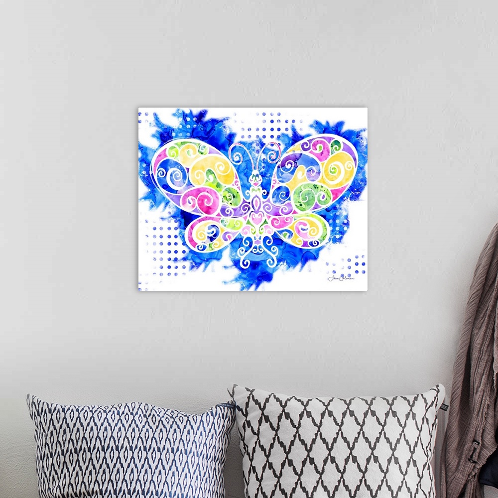 A bohemian room featuring Fun and bright artwork using psychedelic colors.