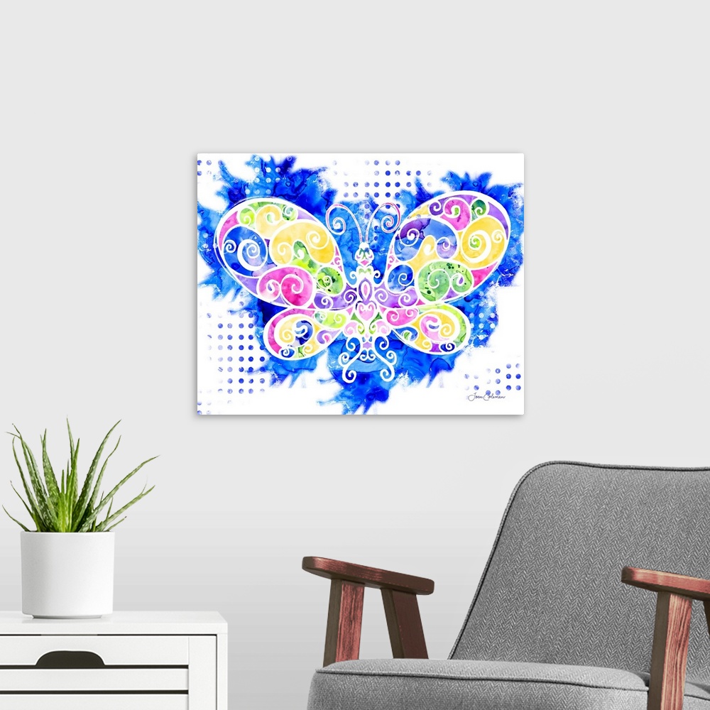 A modern room featuring Fun and bright artwork using psychedelic colors.