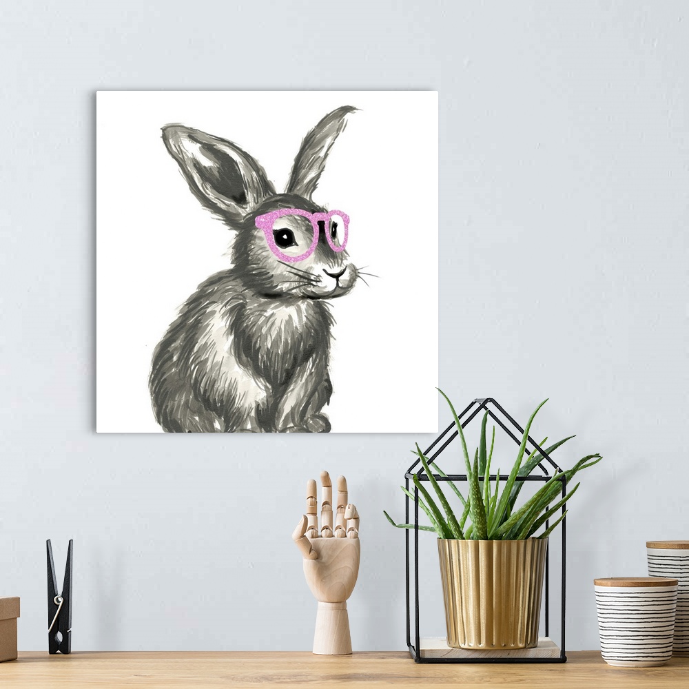 A bohemian room featuring Black and white illustration of a whimsical rabbit wearing pink glitter glasses on a square backg...