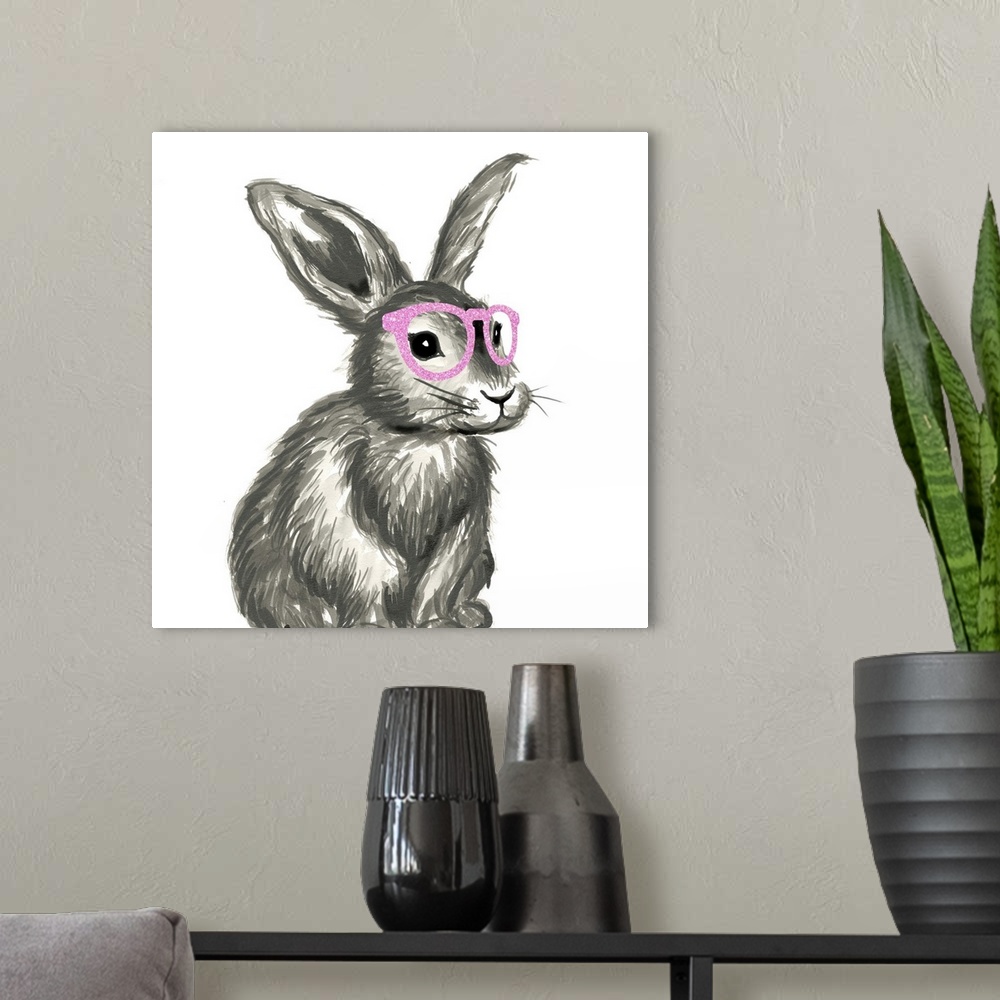 A modern room featuring Black and white illustration of a whimsical rabbit wearing pink glitter glasses on a square backg...